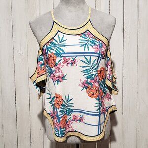 Flying Tomato XS Top Cream Floral Cold Shoulder Tropical Coconut Tiki Hawaiian